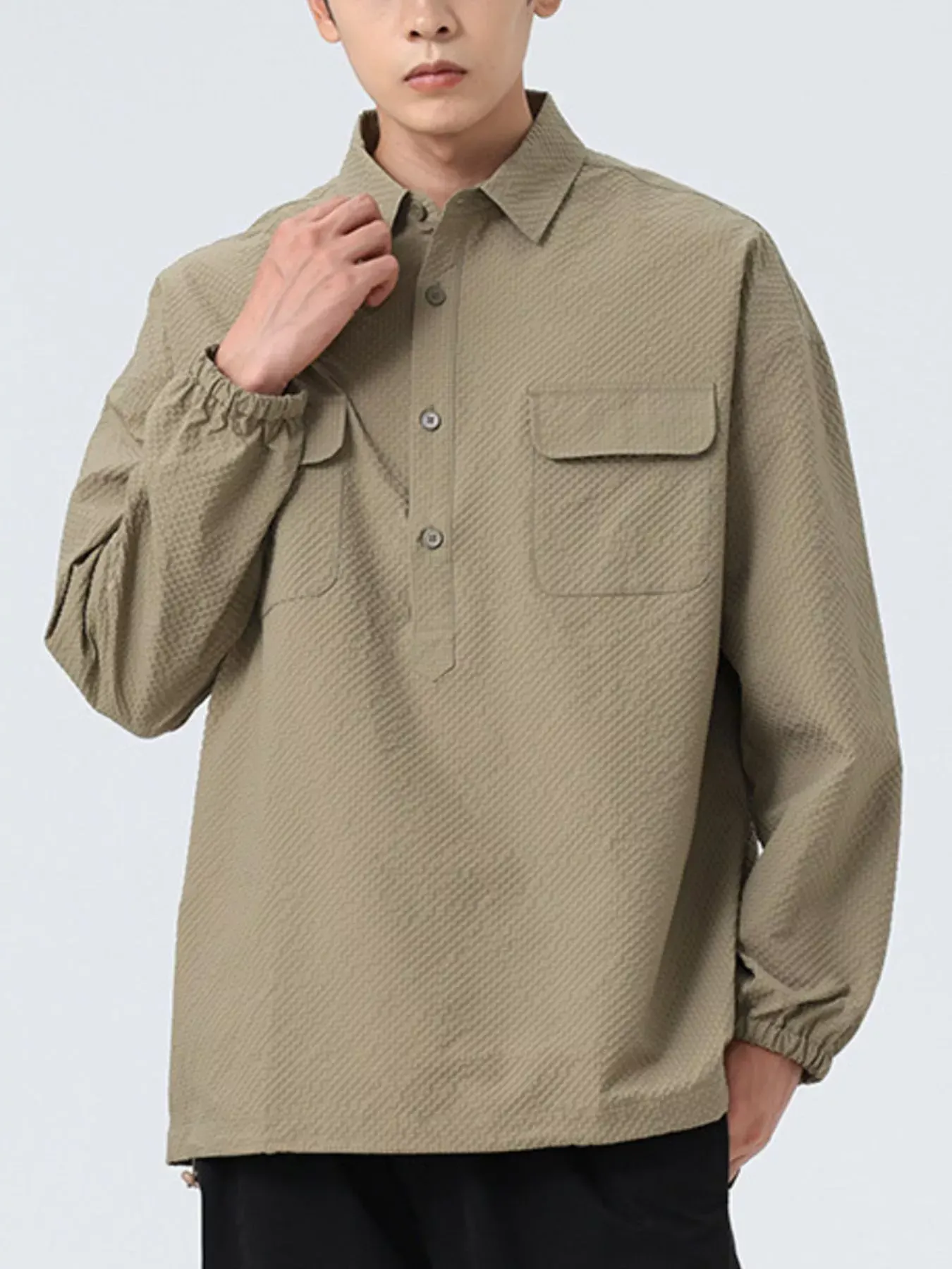 Men's Plus Size Button Detail Textured Relaxed Fit Polo