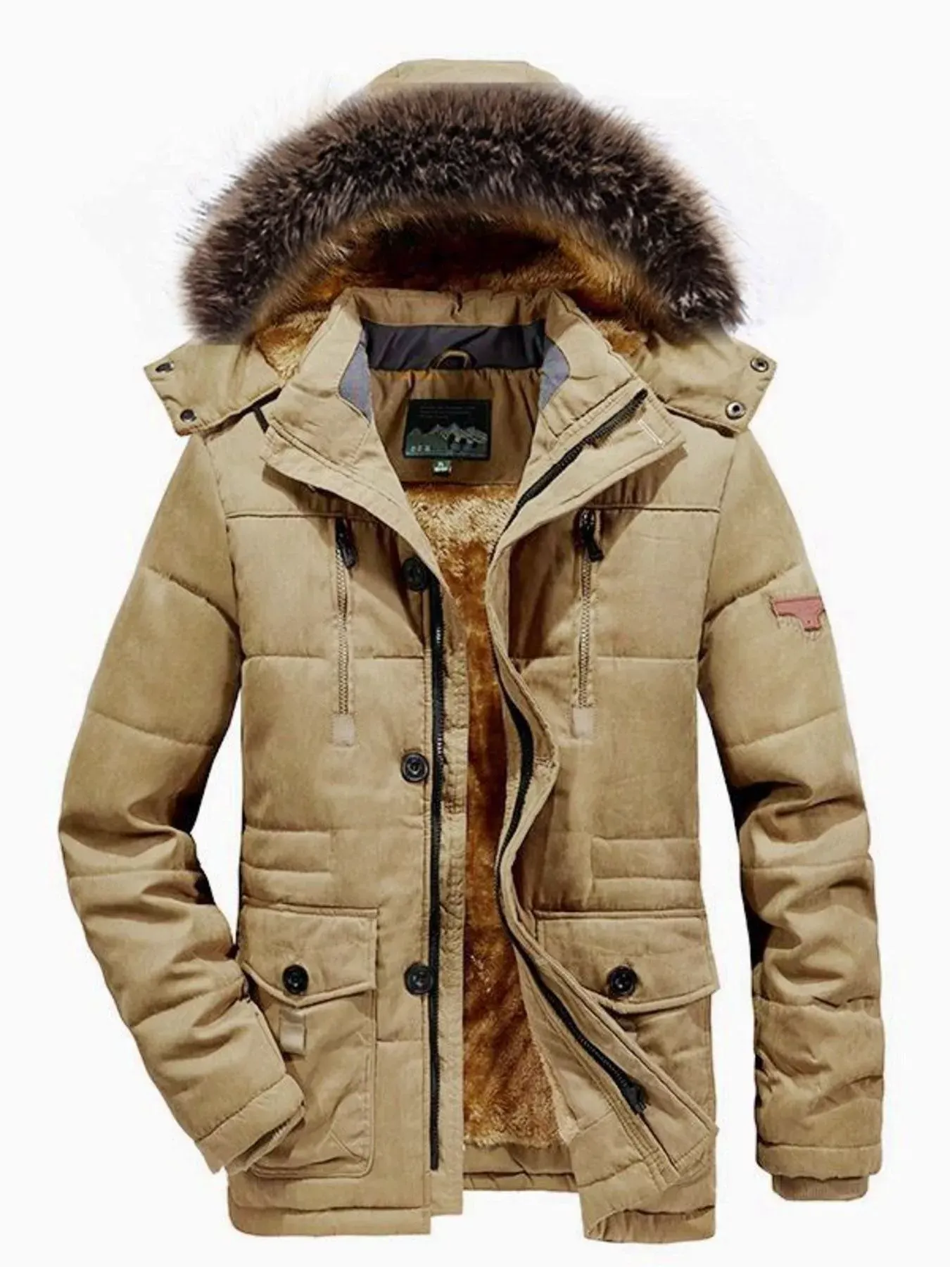 Men's Plus Size Zip Up Long Sleeve Puffer Coat with Faux Fur Hood