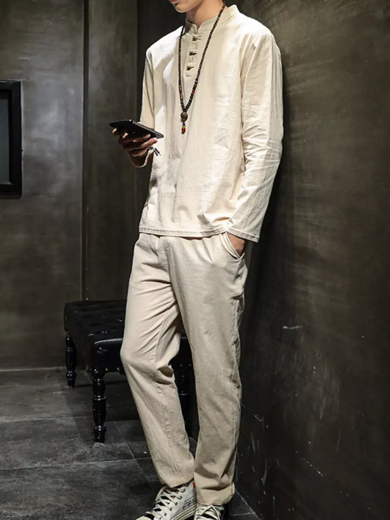 Men's Plus Size Button Detail Long Sleeve Top and Pants Set
