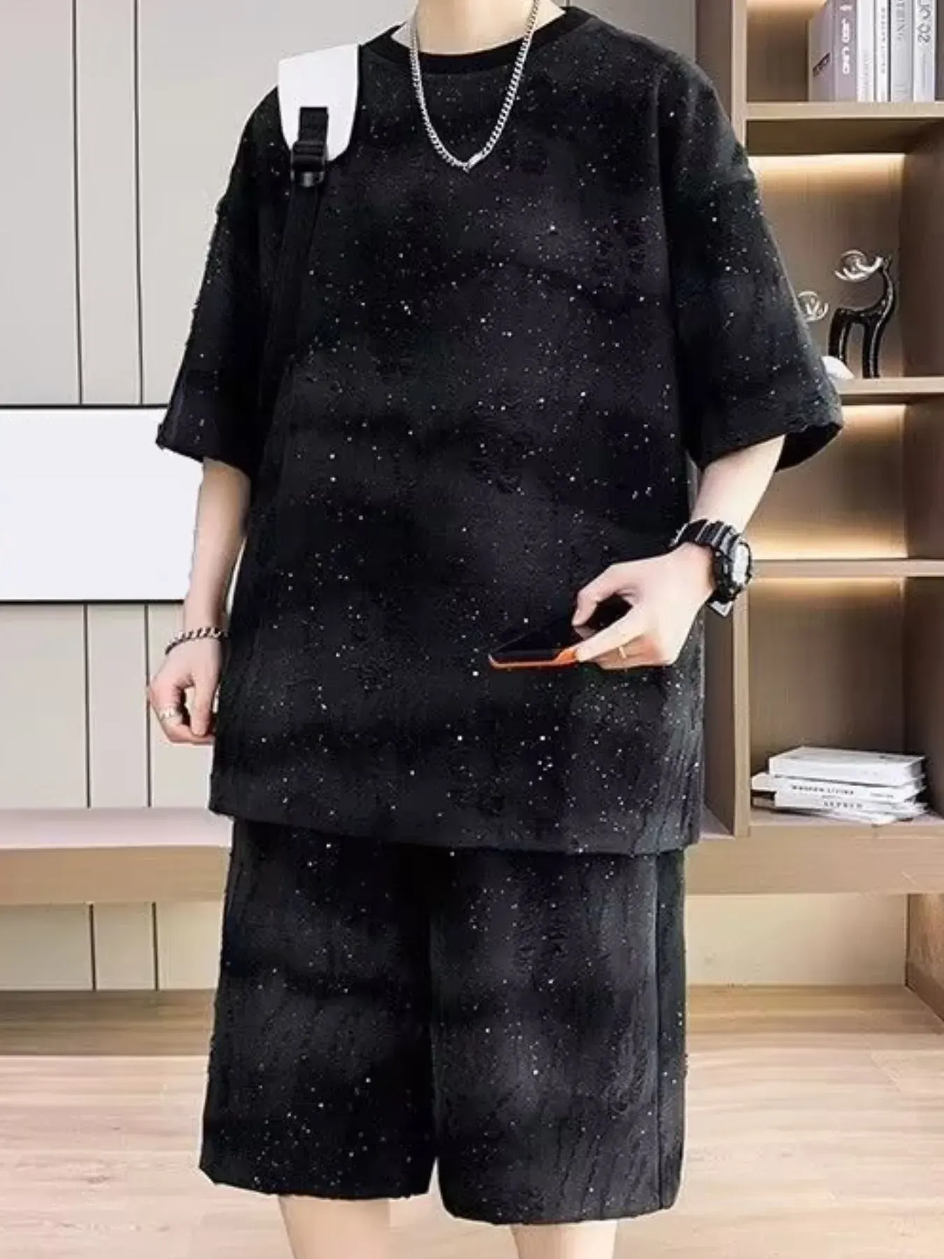 Men's Full Size Round Neck Half Sleeve Top and Shorts Set Plus Size