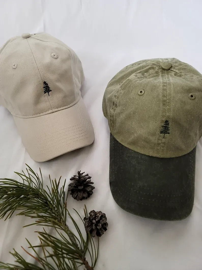 Pine Tree Embroidered Hat | Minimalist Forest Baseball Cap | Unstructured Vintage Washed Cotton Dad Hat