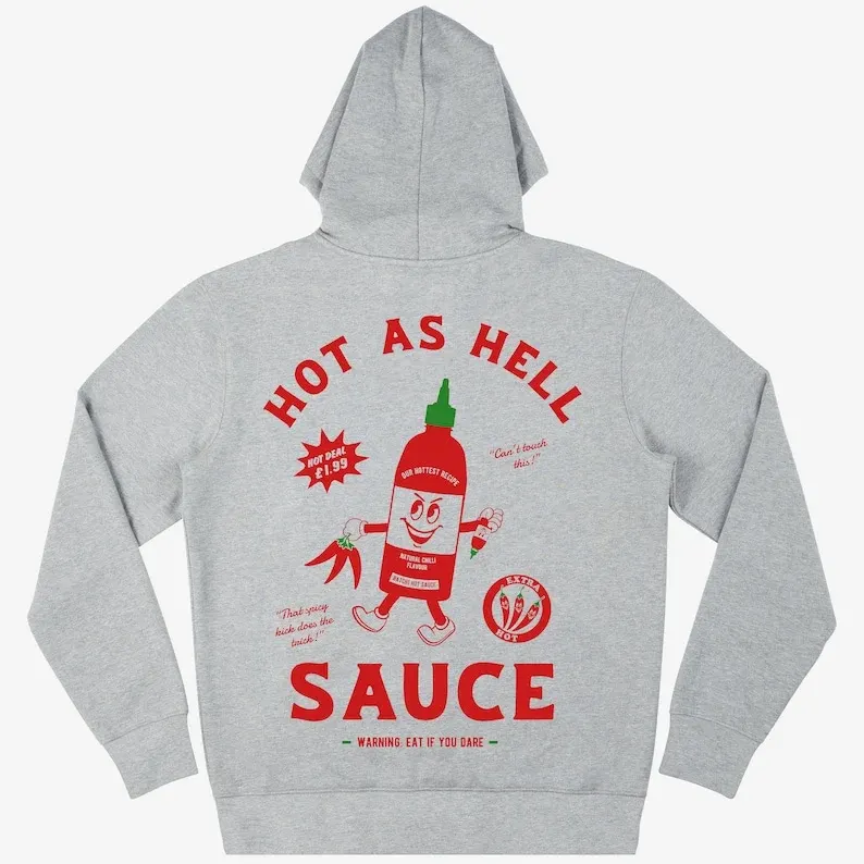 Hot As Hell Sauce Unisex Graphic Hoodie In Grey - Edgy Hot Sauce Streetwear Sweatshirt