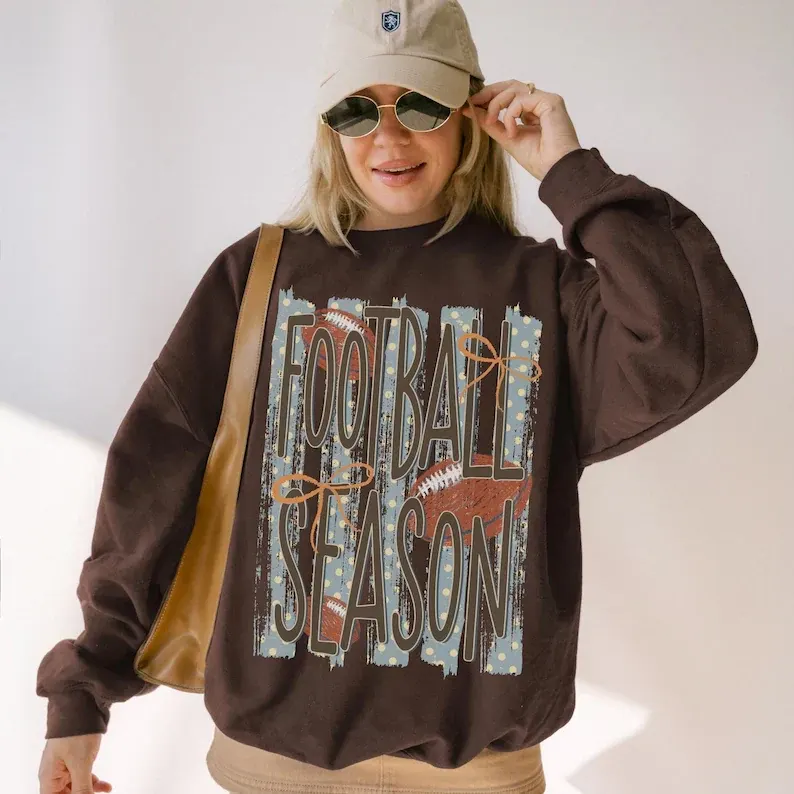 Striped Football Season Sweatshirt - Preppy Women’s Game Day Crewneck & Oversized Trendy College Shirt