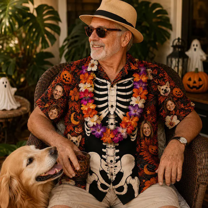 Skeleton Halloween Hawaii Shirt - Personalized Photo Floral Aloha Shirt & Spooky Season Family Matching Top