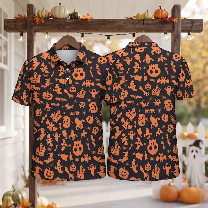 Halloween Ghost Pumpkin Polo Shirt for Men - Spooky Orange & Black Horror Print Golf Shirt & Fall Party Costume Top