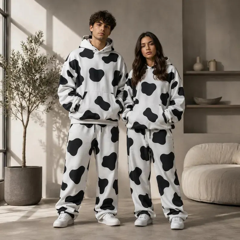 Cow Print Tracksuit Matching Sweat Set | Oversized Two-Piece Hoodie & Jogger Set